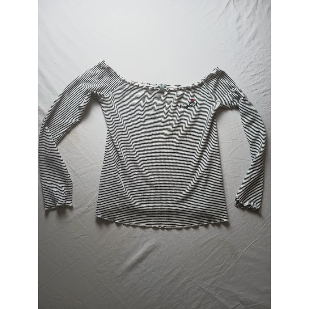 Vintage‎ Y2K Charlotte Rue Stripped Hey Girl Blouse Shirt Lettuce Hem Medium